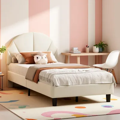 Immagine prodotto di Letto singolo per bambini INONEFT, 90x190 cm, con struttura imbottita a forma di principessa, poggiatesta regolabile in altezza, struttura in velluto, color beige, senza materasso