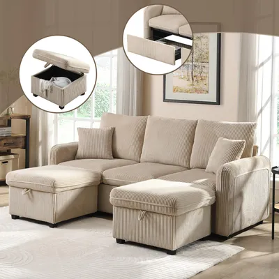 Immagine prodotto di Sweiko Divano angolare multifunzionale Divano imbottito a U a tre posti con funzione di contenitore - Inclusi cassetti + pouf con vano portaoggetti, set di divani componibili con funzione letto, tessuto a coste
