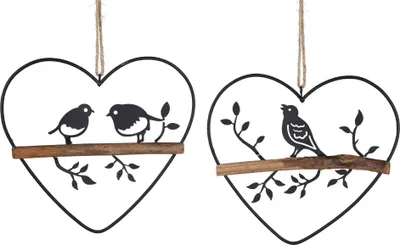 Produktbild von 2er Set Hängedeko Herzen mit Vogel auf Ast D. 20cm schwarz Metall Formano F25