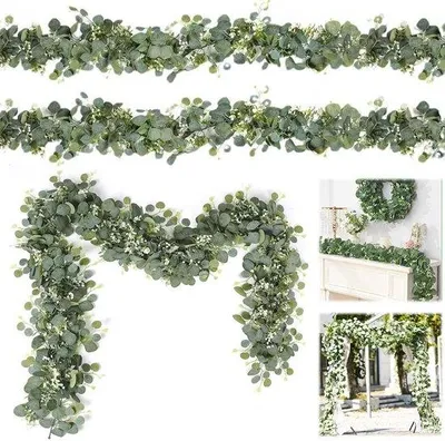 Produktbild von Eucalyptuskränze 2er-Pack, 1,8 m, Kunstslingschmuck, Silberdollar Eukalyptusreis, für Hochzeiten, Tischdekoration, Innen- und Außendekoration