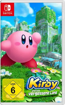 The cover art for the Nintendo Switch game 'Kirby und das vergessene Land', featuring Kirby in a lush, overgrown urban environment.