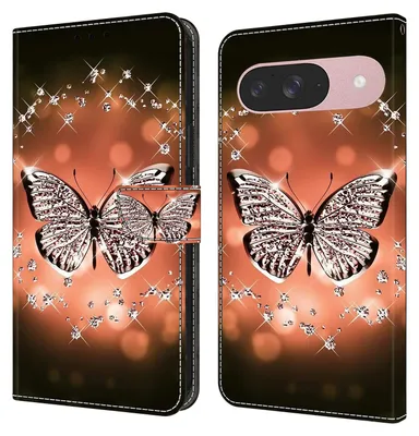 Produktbild von CLM-Tech Handyhülle kompatibel mit Google Pixel 9 / 9 Pro Hülle - Tasche aus Kunstleder - Klapphülle mit Ständer und Kartenfächern - Schutzhülle Wallet Case Cover Schmetterling Diamanten Muster