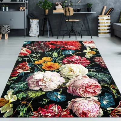 Zdjęcie produktu dla Dywan „Bukiet kwiatów” w kolorze czarnym – wymiary: 120 x 170 cm