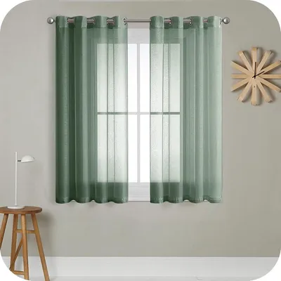 Productafbeelding van PolkaHome , voile stof, halfdoorzichtig, kort, met ingestanste ringen, linnenlook, voor woonkamer, slaapkamer, kinderkamer, legergroen, 145