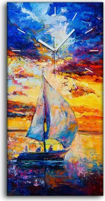 Produktbild von Leinwand Wanduhr Wandkunst Uhr 30x60 Meerelandschaft Schiff Segel bunt Meer - weiße Hände