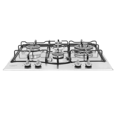 A stainless steel gas hob with four burners and control knobs, photographed from a front-facing angle against a white background.