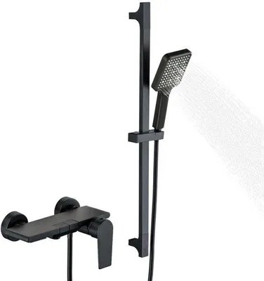 Immagine prodotto di Uniqoos® Miscelatore da bagno moderno nero con doccetta manuale a 3 getti e barra doccia regolabile in altezza – Getto a cascata, erogatore regolabile, alta portata