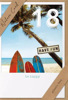 Produktbild von Geburtstagskarte Nature Card zum 18. Geburtstag, Strand- und Surfbrettmotiv