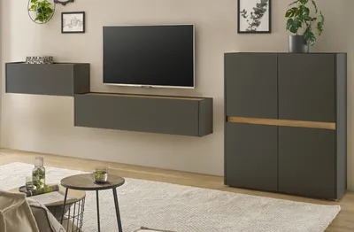 Produktbild von Wohnwand mit Sekretär in grau und Eiche, Wohnkombination Center 3-teilig 370 cm