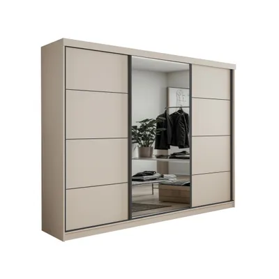 Produktbild von Schiebetürenschrank 250 cm breit mit Spiegel, 3 Türen und dekorativen streifen – Kaschmir Beige