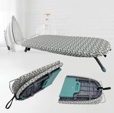 A collage of images showing a foldable ironing board in different states and angles, with an iron placed on it in one shot.