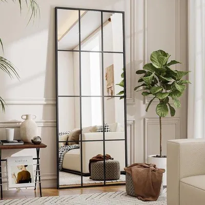 Produktbild von 69 Zoll lang, 25 Zoll breit, rechteckiger Rasterdesign Wandspiegel mit schwarzem Metallrahmen und schräger Aufhängung für Wohnzimmer und Halle