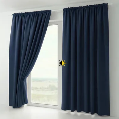 Two navy blue curtains are shown hanging on a window rod, with one curtain partially drawn open.