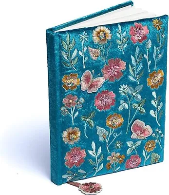 Image de Carnet Velours Bleu Avec Fleurs - 20x15 Cm