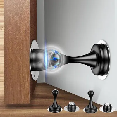 Produktbild von Magnetische Deurstopper aus Edelstahl für schwere Türen mit selbstklebendem Haken und Schrauben für Wand- oder Bodenmontage, schwarz