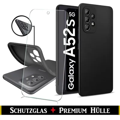 A black silicone phone case and a screen protector are displayed with a smartphone.