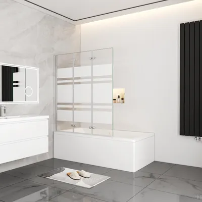 A modern bathroom with a bathtub, shower screen, vanity, and radiator.