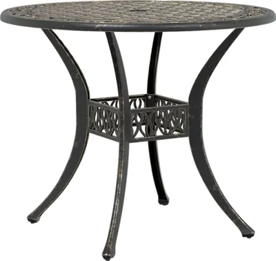 A round outdoor table with a bronze finish.