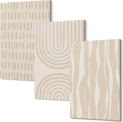Produktbild von Wandbild – Leinwandbild – Leinwandbilder – Polycanvas – Kunstdruck – Modern – Panorama – Mehrteilig – 3-Teilig Set – Hochwertig – Lichtecht – Geruchslos – 20x30 Cm Je Element - Abstrakte Muster in Beige- und Weißtönen