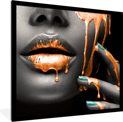 Produktbild von MuchoWow® MuchoWow® Gerahmtes Poster Lippen - Orange - Schwarz 40x40 cm - Poster mit zchwarzem Bilderrahmen - Mit Rahmen - Wanddekoration Schlafzimmer