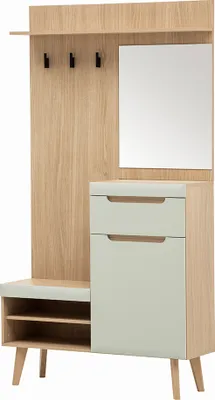 Produktbild von Flur-Garderobe mit 107cm Breite in Grün Matt mit Eiche, mit Spiegel - STOCKTON-61