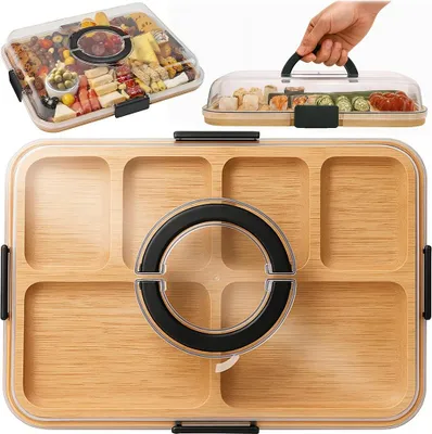 Immagine prodotto di WELLHAUS Tagliere in bambù con coperchio – Tagliere portatile per snack e tapas, tagliere con coperchio per cucina e picnic, 37 x 29 x 6,5 cm