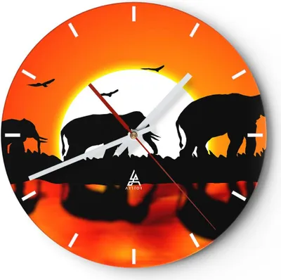 Produktbild von Wanduhr - Rund - Glasuhr - Tiere Afrikaner Elefanten Natur - 40x40cm - Schleichendes Uhrwerk - Lautlos - zum Aufhängen bereit - Dekoration Modern - Wanddekoration aus Glas - C3AR40x40-0533
