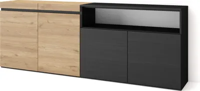 Image de COZY Buffet salon et cuisine, 200x35x75cm, 4 Portes, Meuble chaussure, Chêne et noir