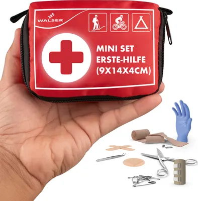 Produktbild von WALSER Premium Mini Erste Hilfe Set 2025, wasserfestes Notfall-Set Outdoor/Camping/Fahrrad, 31-teiliges Reiseapotheke Set, kompaktes Erste Hilfe Set Outdoor, Mini Verbandskasten 2025, First Aid Kit