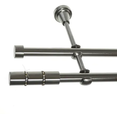 Produktbild von Gardinenstange Set Edelstahl Look Metall Ø 16mm zur Wandbefestigung 2-lauf mit Kristall, Länge wählbar H24 E26 E16