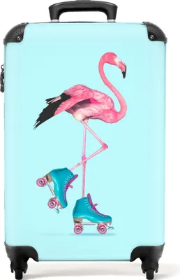 Produktbild von NoBoringSuitcases.com Kinder Handgepäck Koffer 55x35x20 cm, 36L, Bunte Drucke für Mädchen: Blau - Flamingo, Reisekoffer mit 4 Rollen