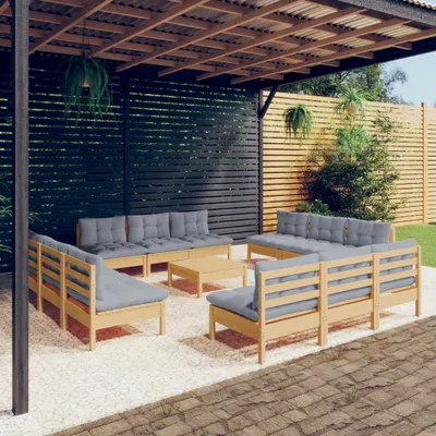 Immagine prodotto di The Living Store Set da salotto da giardino da 13 pezzi con cuscini grigi in legno di pino