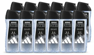 Imagen del producto de 12 unidades de gel de ducha Adidas Dynamic Pulse 3 en 1, 250 ml. Paquete económico