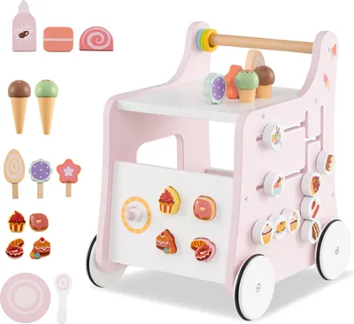 Image de COSTWAY Trotteur 2 en 1, chariot de marche en bois avec espace de rangement, magasin de desserts sur roulettes avec crème glacée, poussoirs, labyrinthe, assiette et cuillère
