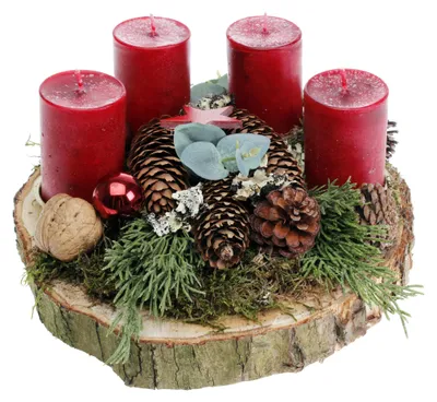 Produktbild von Adventsgesteck Birkenscheibe mit 4 Trendkerzen rot CreaFlor Home