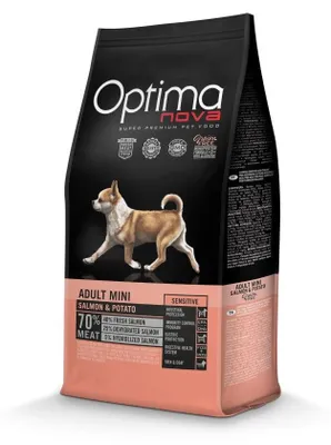 Imagen del producto de OPTIMANOVA Adult Mini Sensitive: alimento seco para perros adultos de razas pequeñas, sabor a salmón y patata. Envase de 6 kg
