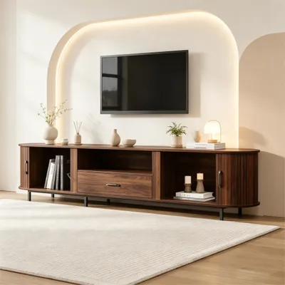 Produktbild von STILVORA TV-Schrank mit Schiebetüren und Schublade, Lowboard mit offenen Fächern und Rollladentür, Sideboard mit Rillenoptik für Wohnzimmer