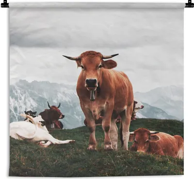Produktbild von MuchoWow® Wandteppich Wandbehang Tiere - Kuh - Berg 120x120 cm Tapisserie Dekoration Wandtuch - Modern - Baumwollgewebe