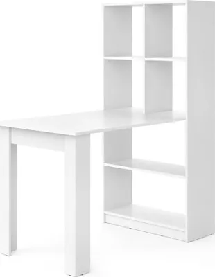 A white desk with an attached shelving unit against a white background.