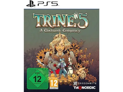 The image shows the front cover of the video game 'Trine 5 - A Clockwork Conspiracy' for PlayStation 5.