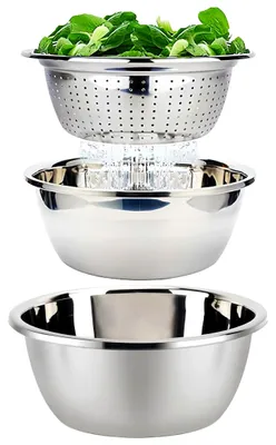 Produktbild von Rührschüssel-Set, Servierschüssel, Salatschüssel, stapelbare Salatschüssel mit Sieb, 3-teiliges Set, Rührschüsseln aus Edelstahl zum Kochen, Backen und Zubereiten von Speisen, BPA-frei, spülmaschinenfest