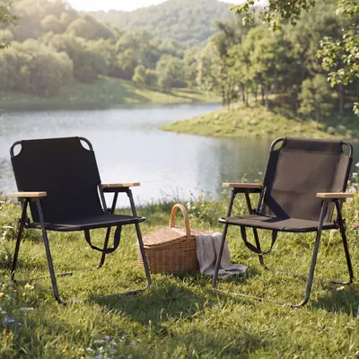 Produktbild von 2er-Set Campingstuhl HWC-Q43, Gartenstuhl Balkonstuhl Freizeitstuhl, klappbar Bambus Metall Stoff/Textil  schwarz