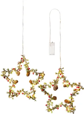 Produktbild von 2er Set Metall Stern zum Hinstellen mit Holzfuß und LED Beleuchtung und winterlicher Dekoration, moderner Weihnachtsstern, ca. 39 & 49 cm hoch