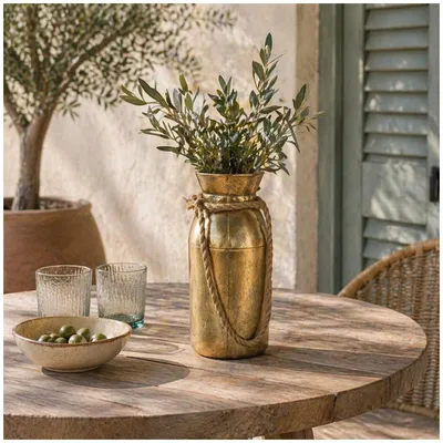 Produktbild von Antikgold Metall Vase im Sack-Design mit Seil 14 cm Durchmesser 30 cm Höhe
