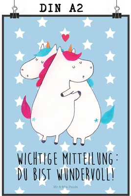 Produktbild von Mr. & Mrs. Panda Bild Einhorn Mitteilung DIN A2 - Blau Pastell - Geschenk, Plakat, Liebe, drucke, Unicorn, Einhörner, Valentinstag, wanddeko, Wandbild, Spruch