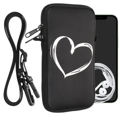 Produktbild von kwmobile Handytasche für Smartphones XL - 6,7/6,8" - Neopren Handy Hülle Weiß Schwarz - Handy Tasche mit Kette 17,2 x 8,4 cm Innenmaße - Herz Brush