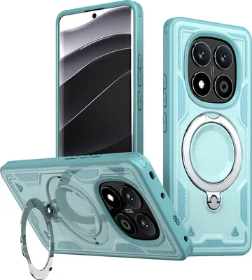Produktbild von Dual Layer Hülle für Xiaomi Redmi Note 14 Pro Metall Ring Ständer Magnetisch Stoßfest Militär Handyhülle Türkis