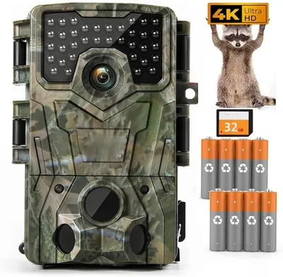 Produktbild von Wildkamera 4K Video Wildtierkamera 48MP Full HD wildkamera mit bewegungsmelder nachtsicht 0,3s Auslösezeit Infrarot Wildkamera mit 32GB karte