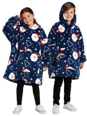 Produktbild von Weihnachtsmann Oversize Cozy Hoodie für Jungen & Mädchen - X-MAS Santa Übergroße Kinder Kuschelpullover Flauschiger Deckenpullover Blau 98-104