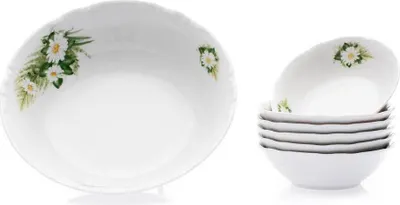 A set of white ceramic bowls with a floral pattern, displayed on a white background.